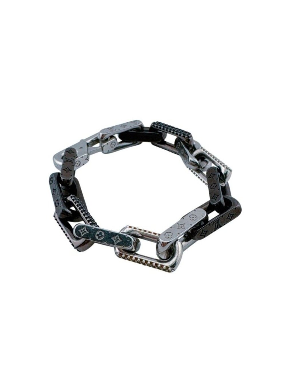 Louis Vuitton Chain Bracelet Monogram M Stainless Steel Silver Black Zircon